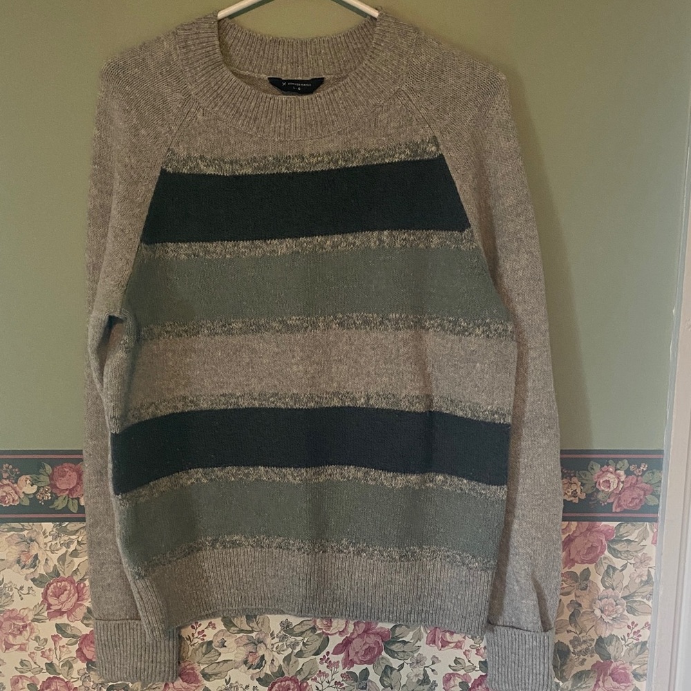 2 Denver Hayes Gray and Green Striped and Gray and Cream Crewneck Sweaters